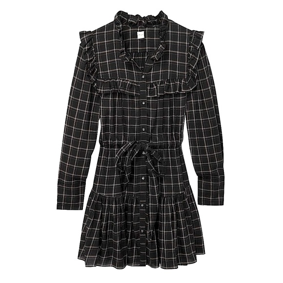 Rebecca Taylor La Vie Drapey Plaid Long Sleeve Belted Ruffle Dress - Black Combo - Picture 5 of 16